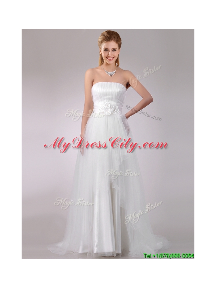 Wonderful Strapless Brush Train Wedding Dress with Handcrafted Flowers