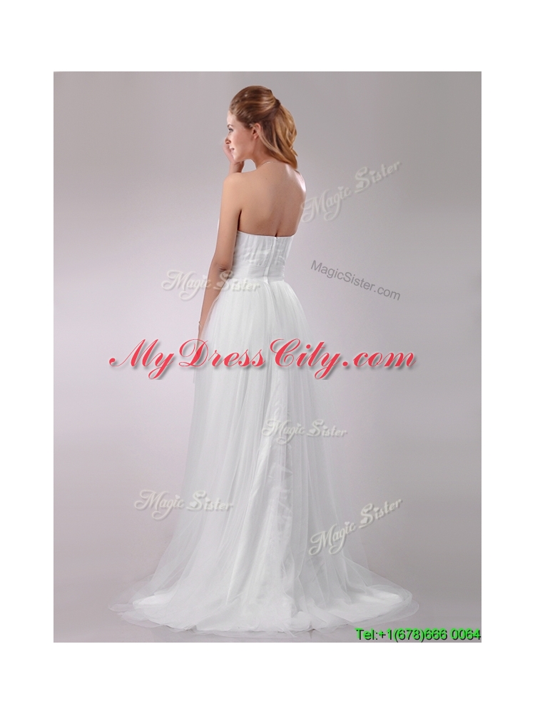 Wonderful Strapless Brush Train Wedding Dress with Handcrafted Flowers