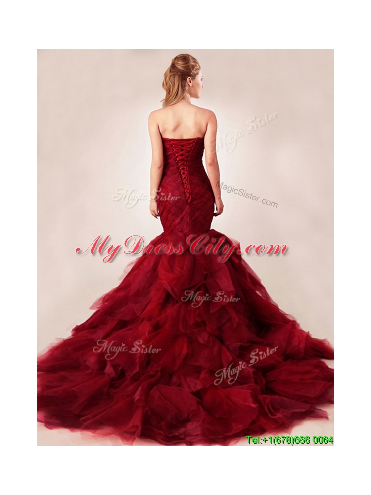 Classical Mermaid Sweetheart Tulle Ruffles Wedding Dresses in Wine Red