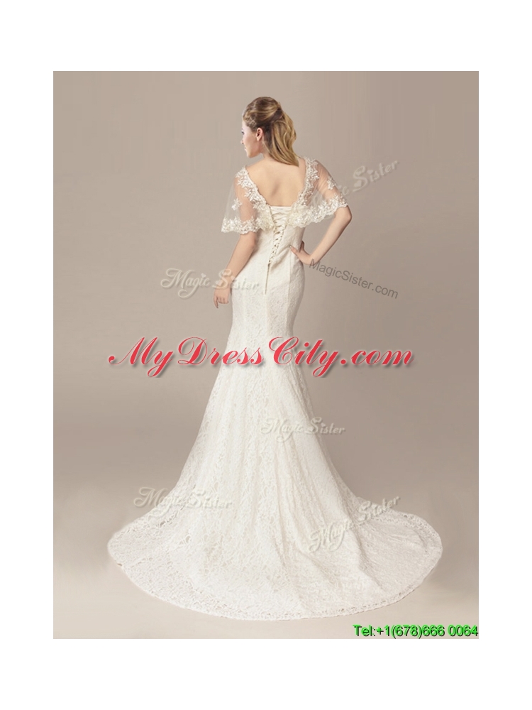 Gorgeous Mermaid V Neck Court Train Short Sleeves Wedding Dresses with Lace and Appliques