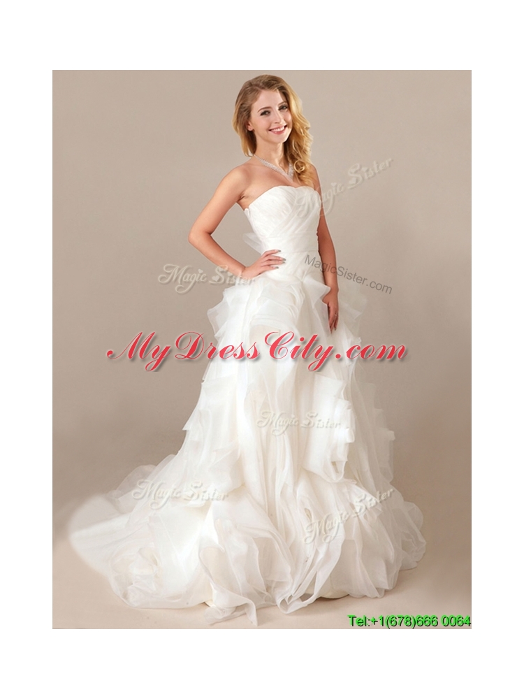 Simple Ball Gown Sweetheart Ruched and Rolling Flowers Wedding Dresses with Brush Train