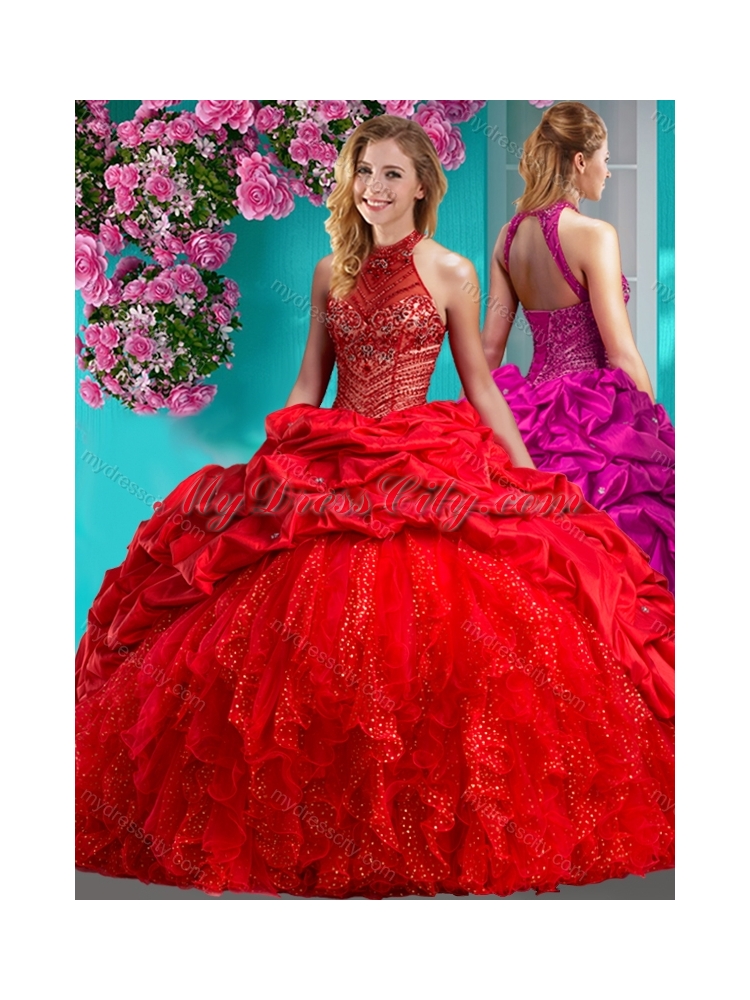Feminine Halter Top Brush Train Quinceanera Dress with Beading and Ruffles
