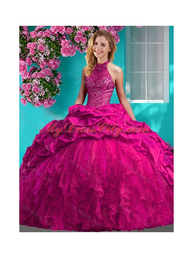 Feminine Halter Top Brush Train Quinceanera Dress with Beading and Ruffles