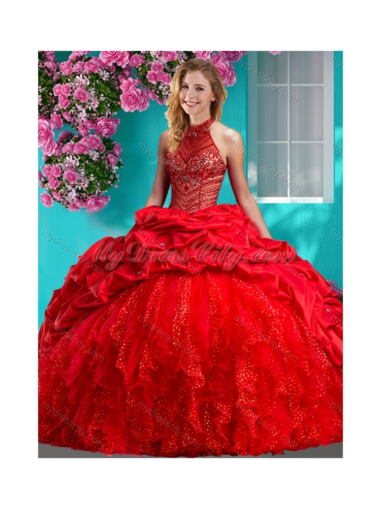 Feminine Halter Top Brush Train Quinceanera Dress with Beading and Ruffles