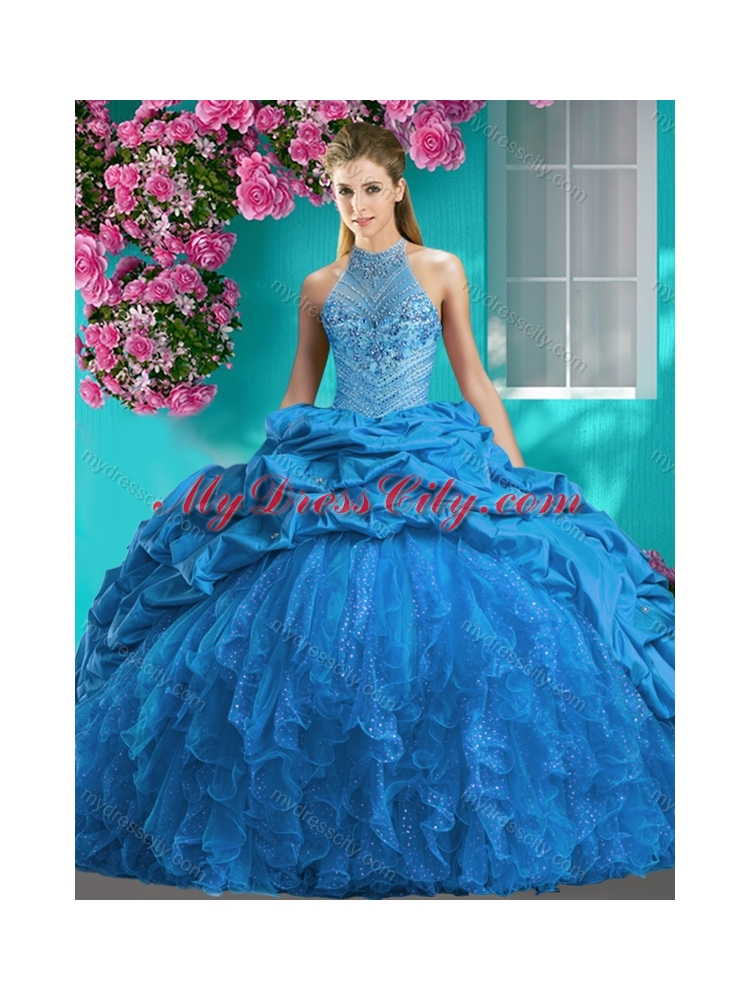 Feminine Halter Top Brush Train Quinceanera Dress with Beading and Ruffles