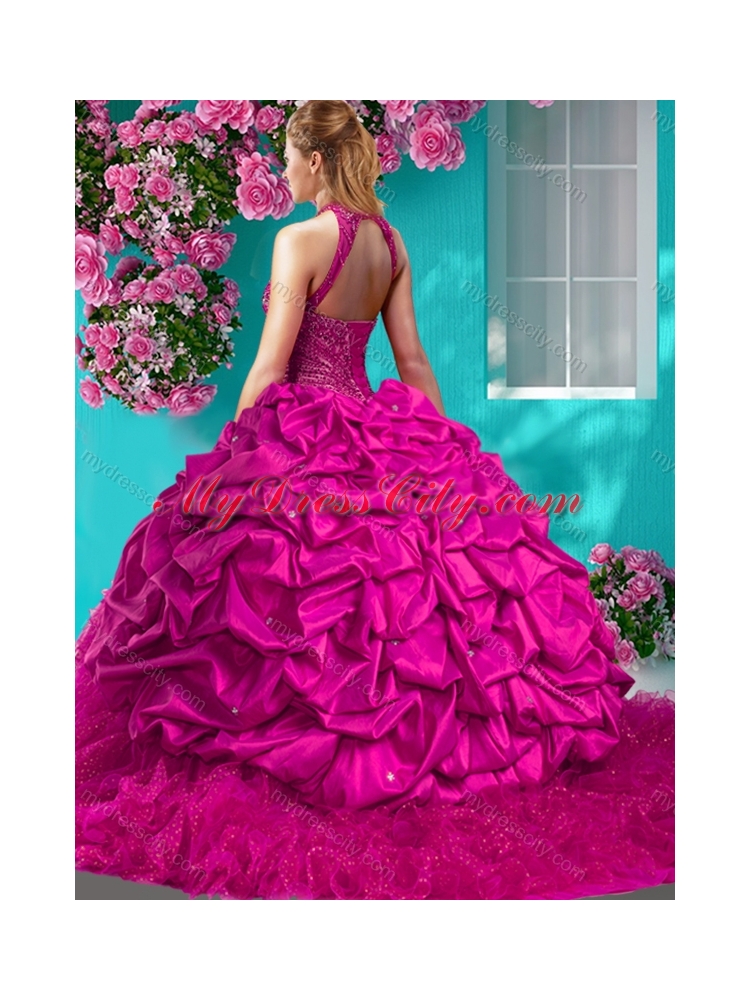 Feminine Halter Top Brush Train Quinceanera Dress with Beading and Ruffles