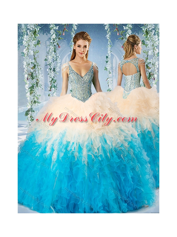 Modest Beaded Decorated Cap Sleeves 2016 Quinceanera Dresses in Blue and Champagne