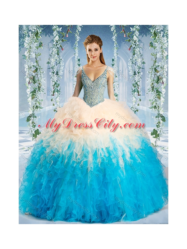 Modest Beaded Decorated Cap Sleeves 2016 Quinceanera Dresses in Blue and Champagne