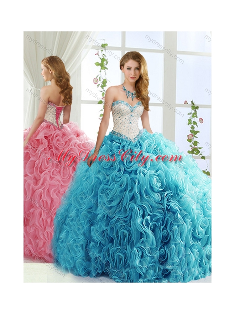 Modest Brush Train Beaded Baby Blue Detachable 2016 Quinceanera Dresses in Rolling Flowers