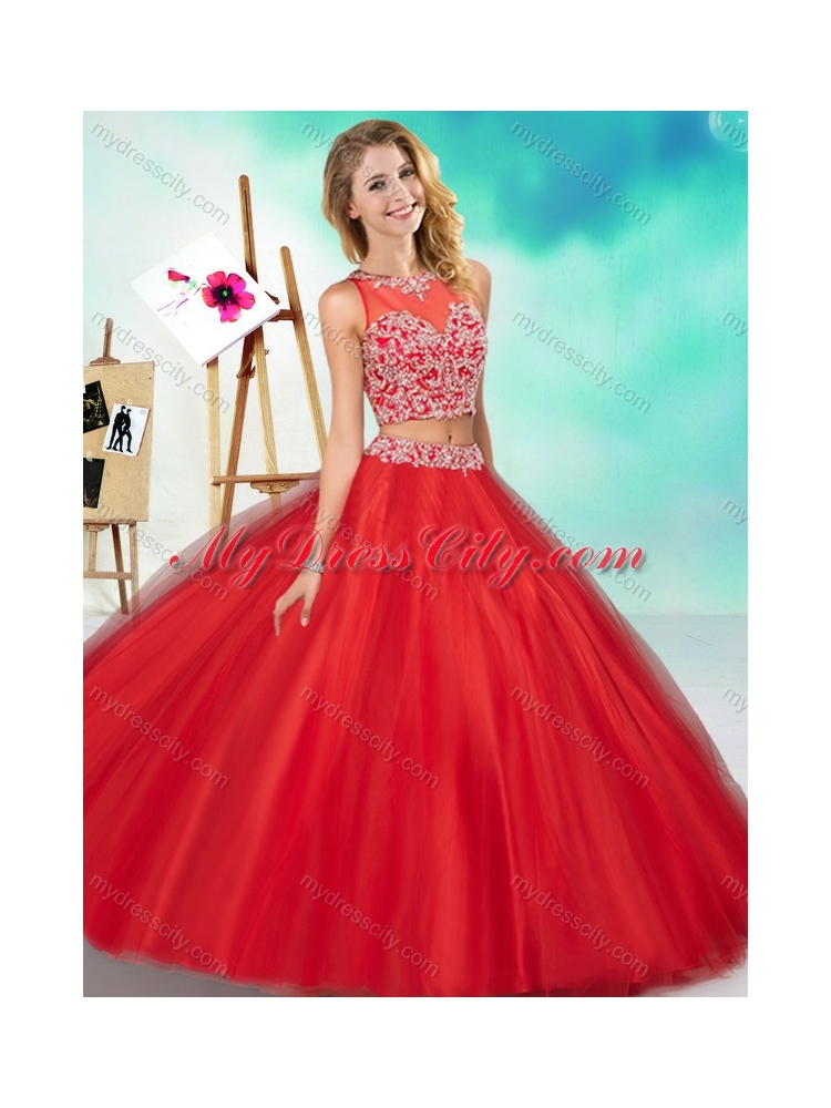 Two Piece See Through Scoop Quinceanera Dress with Beading and Appliques