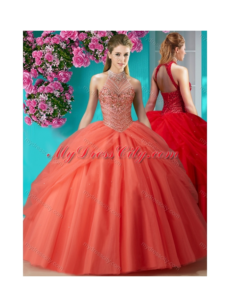 Elegant Halter Top Beaded and Applique Quinceanera Dress in Orange Red