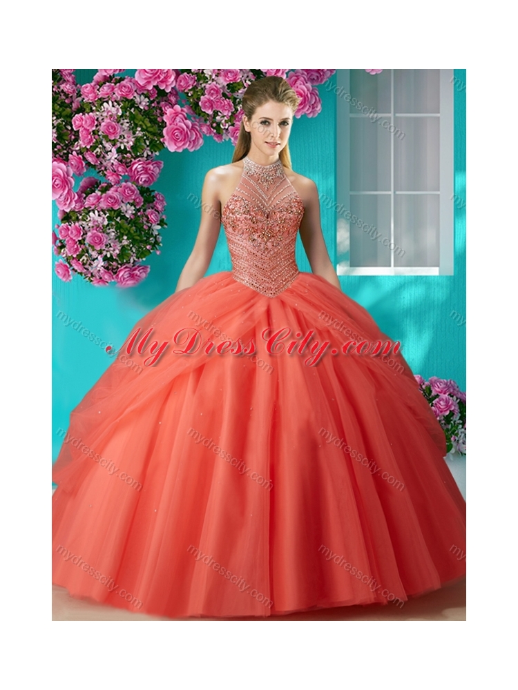 Elegant Halter Top Beaded and Applique Quinceanera Dress in Orange Red