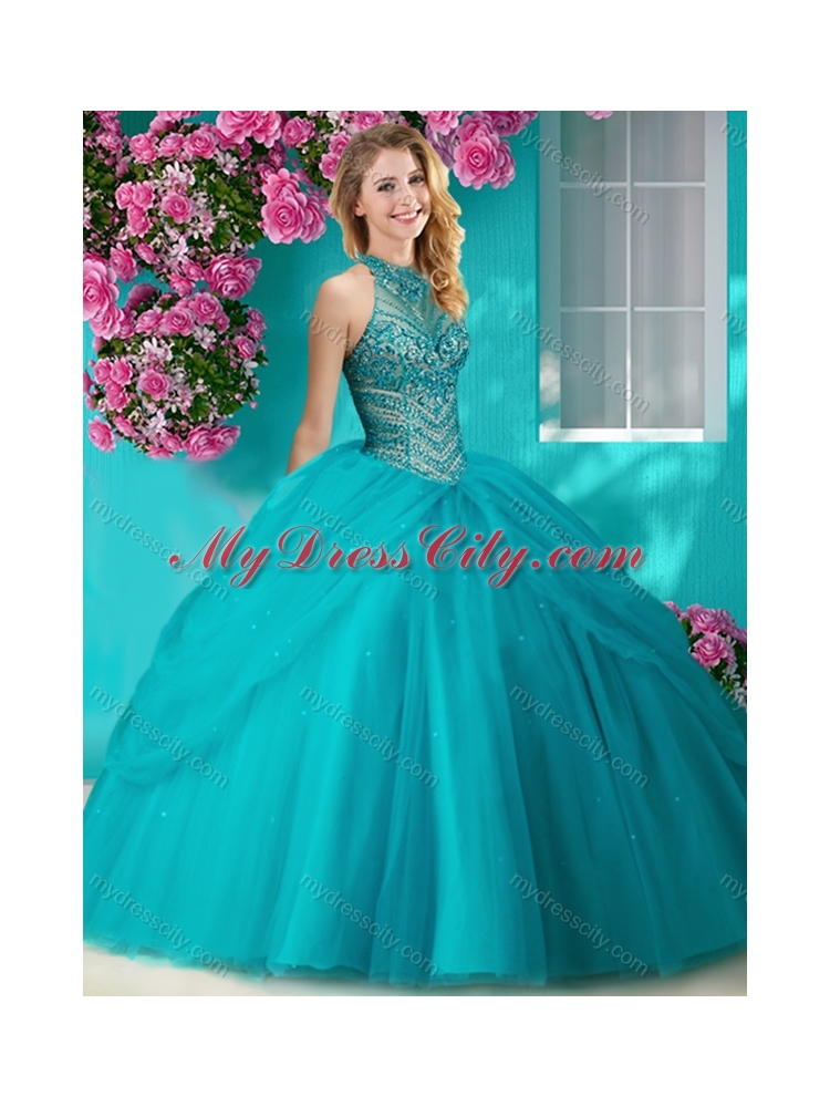 Elegant Halter Top Beaded and Applique Quinceanera Dress in Orange Red