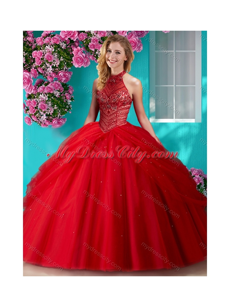 Elegant Halter Top Beaded and Applique Quinceanera Dress in Orange Red