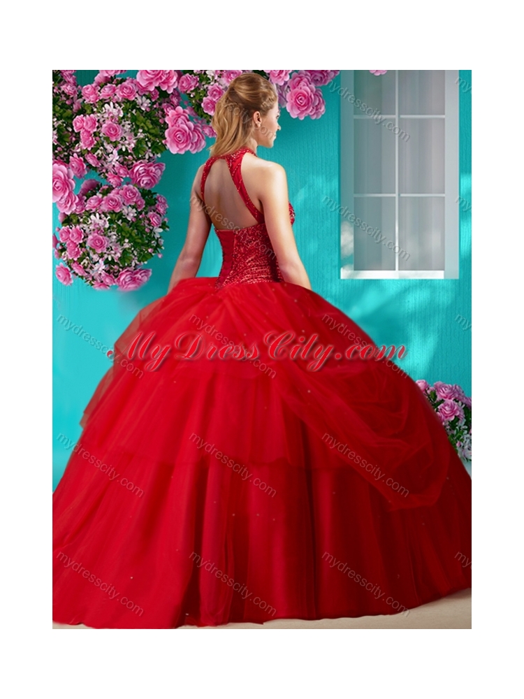 Elegant Halter Top Beaded and Applique Quinceanera Dress in Orange Red