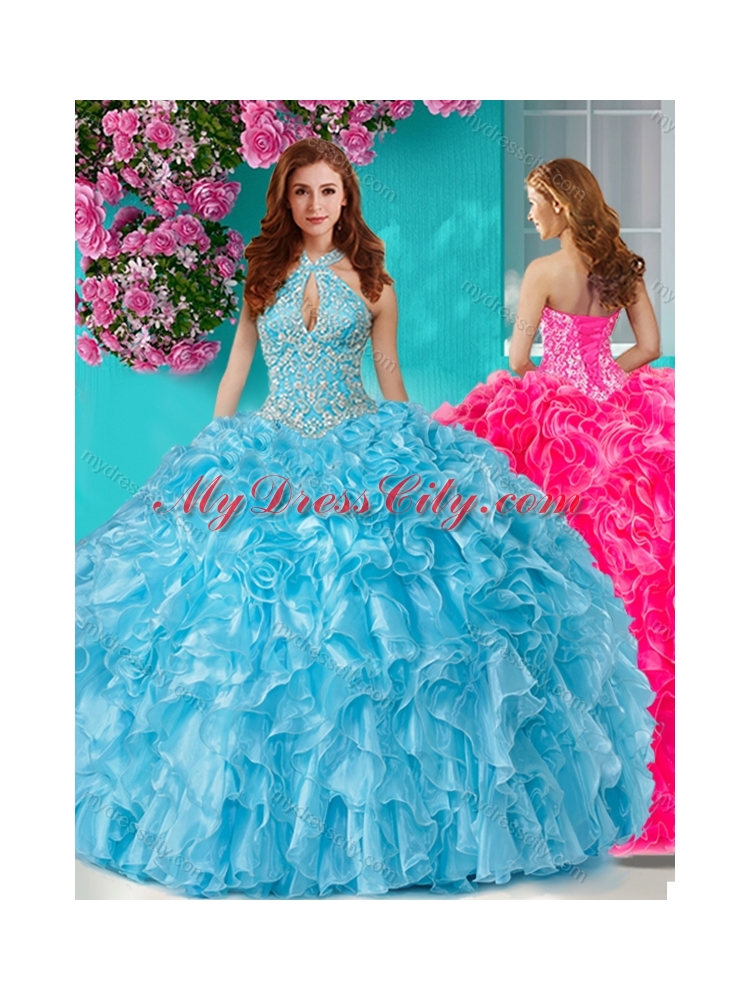 Pretty Beaded and Ruffled Big Puffy Best Quinceanera Dresses with Halter Top