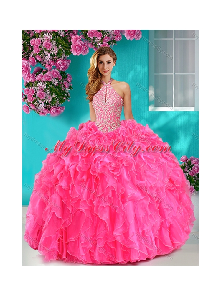 Pretty Beaded and Ruffled Big Puffy Best Quinceanera Dresses with Halter Top