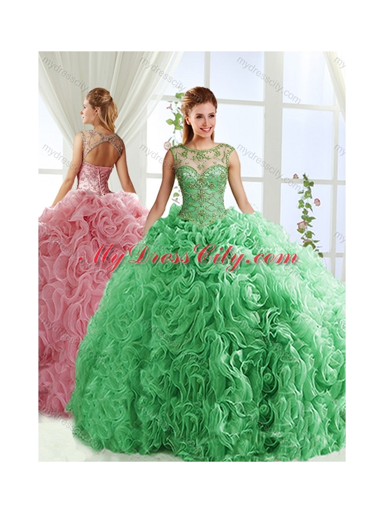 See Through Beaded Scoop Detachable Quinceanera Dresses with Rolling Flower