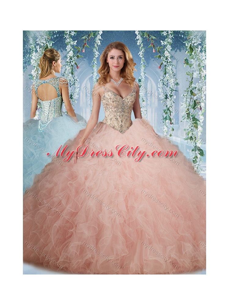 Exclusive Deep V Neck Peach Pretty Quinceanera Dresses With Beading and Ruffles