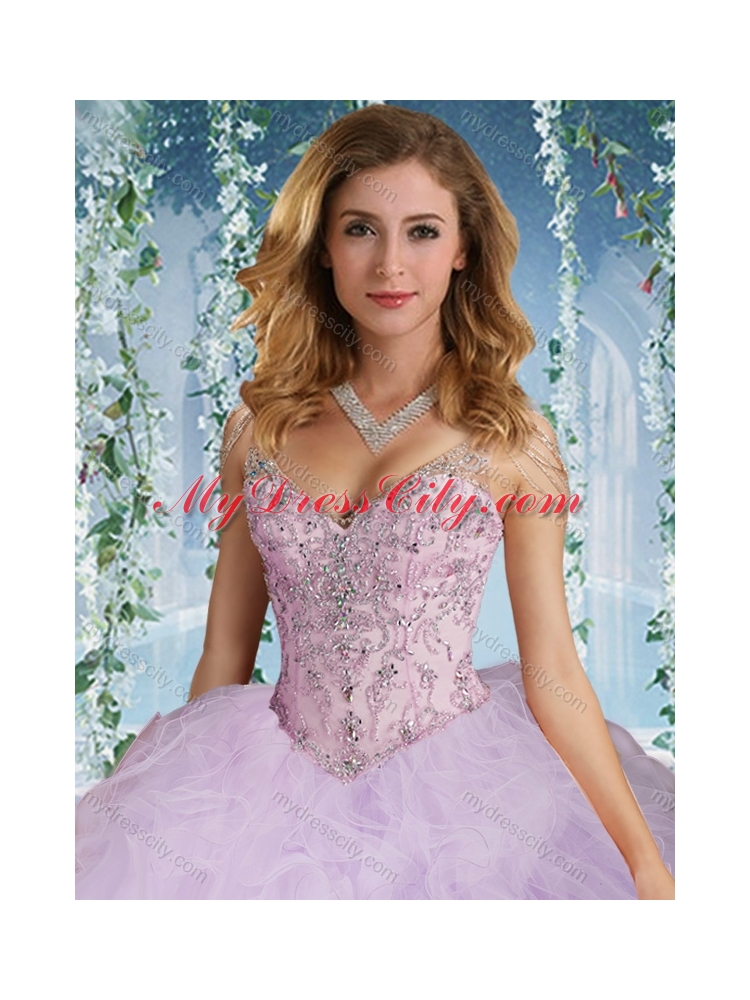 Exclusive Deep V Neck Peach Pretty Quinceanera Dresses With Beading and Ruffles