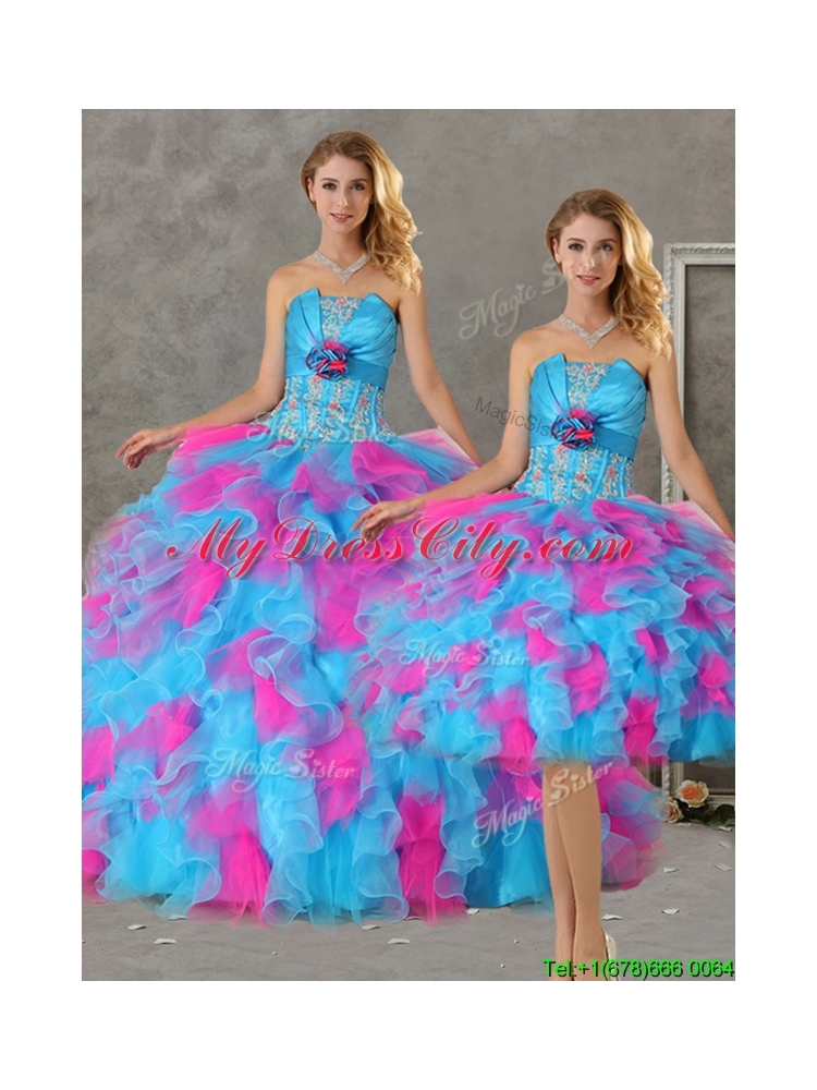 Romantic Hand Made Flowers and Ruffled Big Puffy Detachable Quinceanera Dresses in Blue and Pink