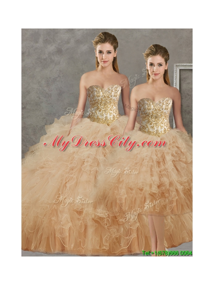 Wonderful Big Puffy Champagne Detachable Quinceanera Dresses with Beading and Ruffles