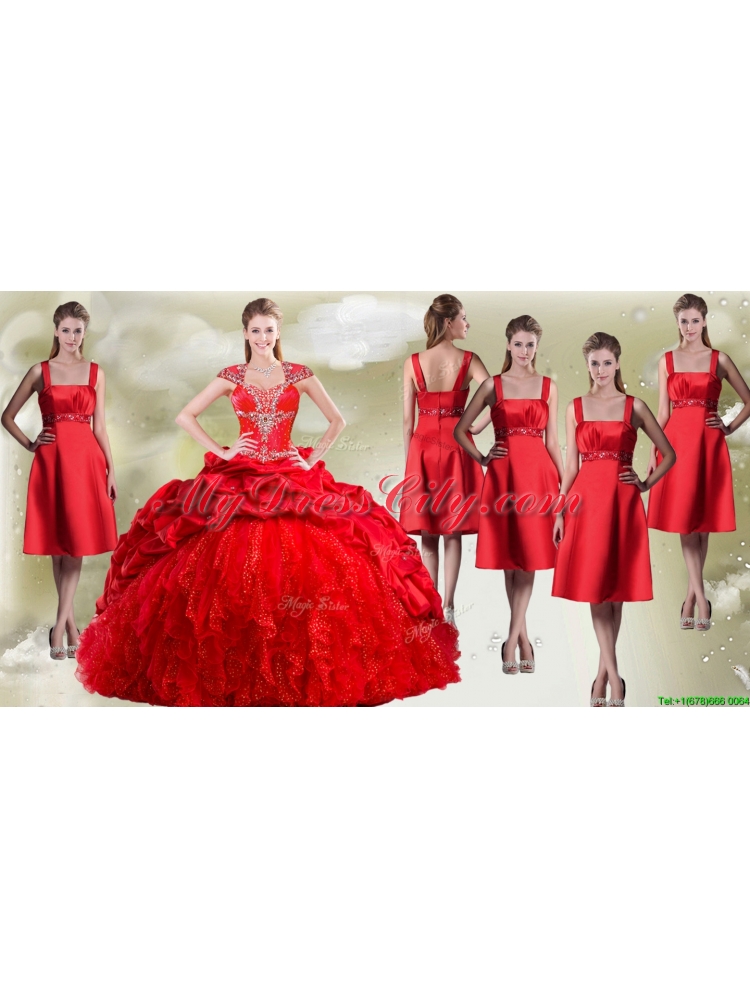 Fashionable Beaded and Pick Ups Quinceanera Dress and New Style Square Dama Dresses in Red