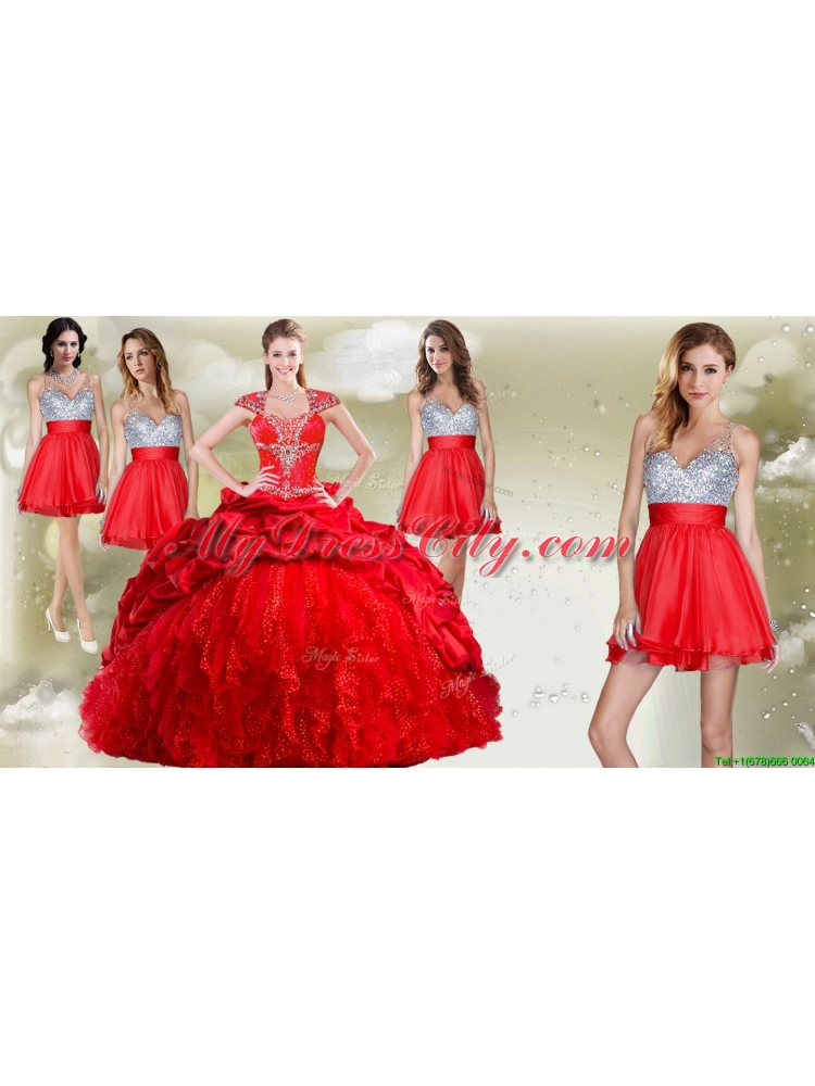 Top Selling Beaded and Pick Ups Quinceanera Dress and Romantic Sequined V Neck Short Dama Dresses
