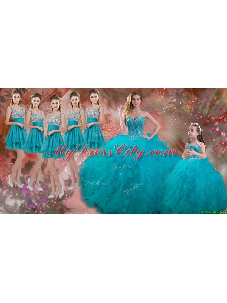 Luxurious Beaded and Ruffled Quinceanera Dress and Sweet Spaghetti Straps Teal Mini Qwuinceanera Dress and Discount Sequined Short Dama Dresses
