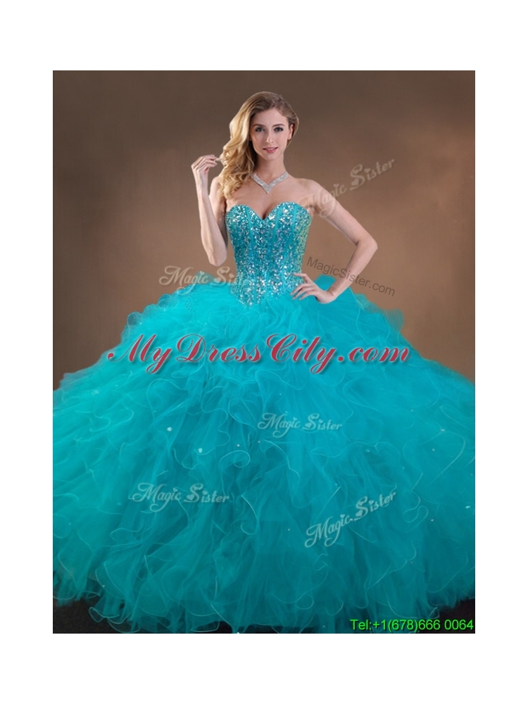 Luxurious Beaded and Ruffled Quinceanera Dress and Sweet Spaghetti Straps Teal Mini Qwuinceanera Dress and Discount Sequined Short Dama Dresses
