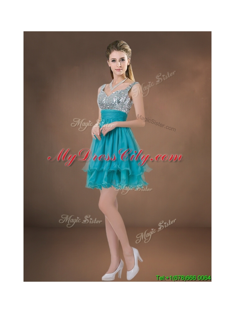 Luxurious Beaded and Ruffled Quinceanera Dress and Sweet Spaghetti Straps Teal Mini Qwuinceanera Dress and Discount Sequined Short Dama Dresses