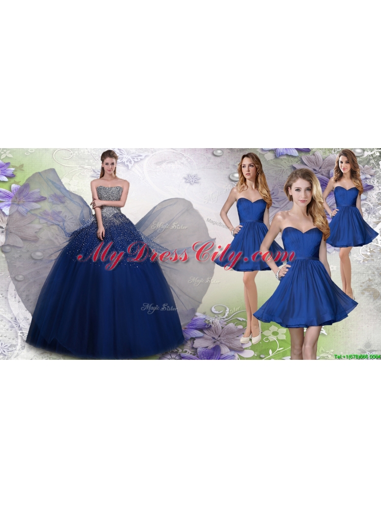 Pretty Navy Blue Really Puffy Quinceanera Dress and Fashionable Short Dama Dresses