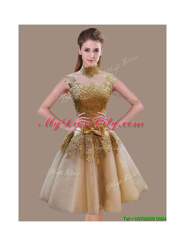 Elegant A Line High Neck Champagne Prom Dress with Appliques and Bowknot