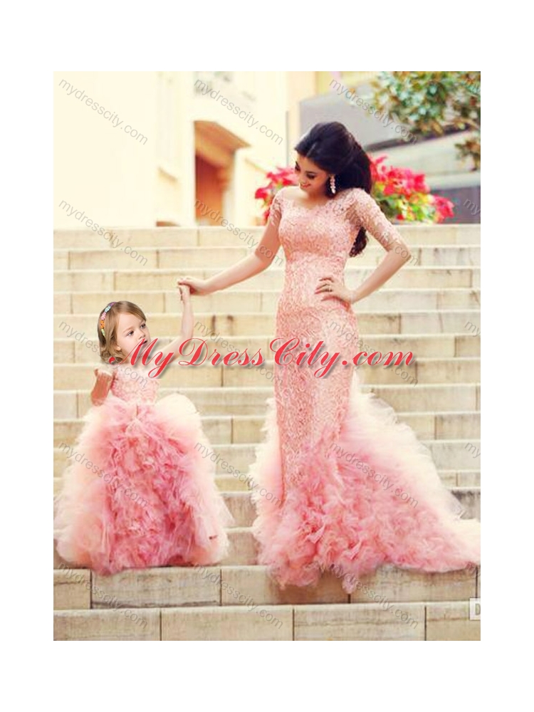 Designer Column Long Sleeves Prom Dress with Brush Train and Affordable Ruffled and Laced Little Girl Dress in Watermelon Red