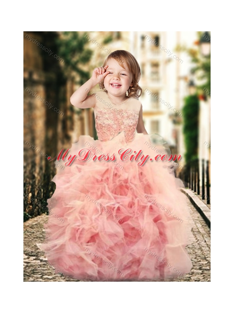 Designer Column Long Sleeves Prom Dress with Brush Train and Affordable Ruffled and Laced Little Girl Dress in Watermelon Red