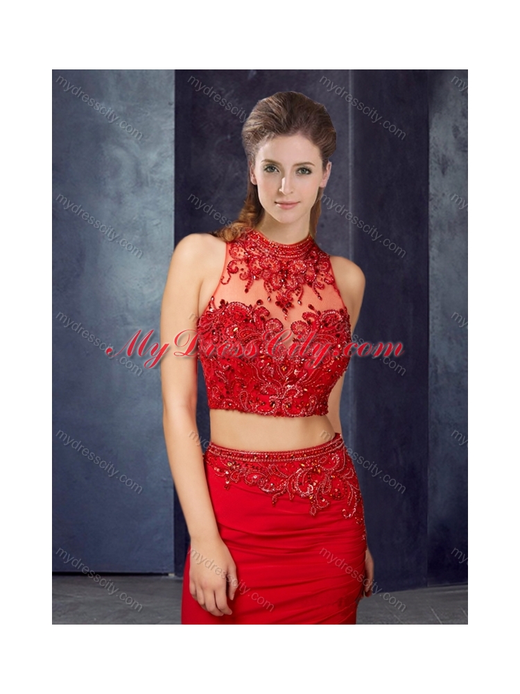 2016 Lovely Two Piece Column Applique Prom Dress with High Neck