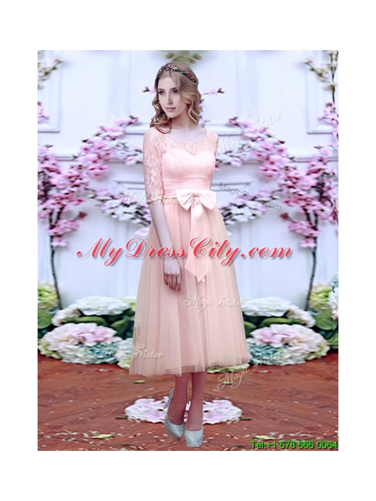 2016 Fashionable See Through Scoop Half Sleeves Bridesmaid Dress with Bowknot