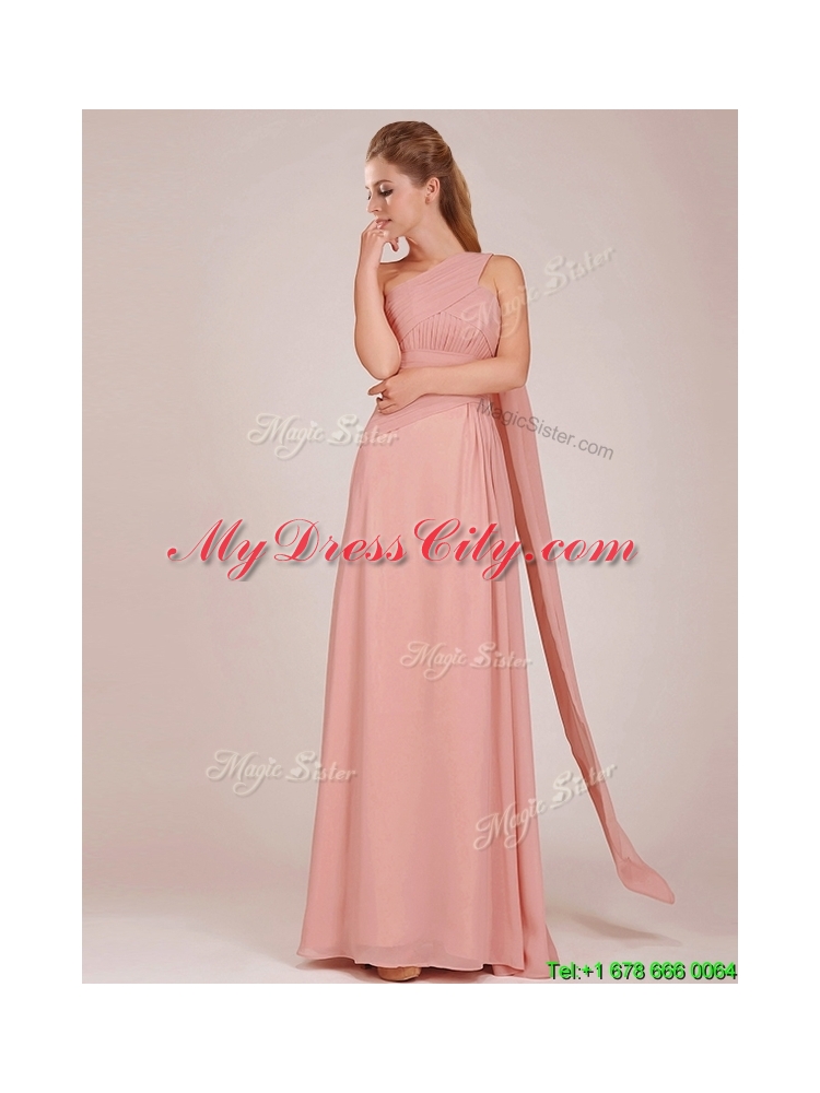 2016 Best Selling Chiffon Peach Long Bridesmaid Dress with Ruching