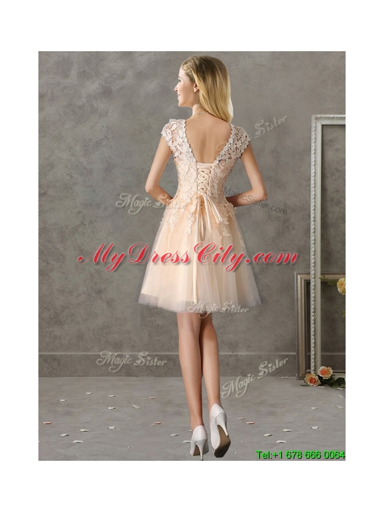 2016 Classical Bateau Cap Sleeves Lace Bridesmaid Dress in Champagne