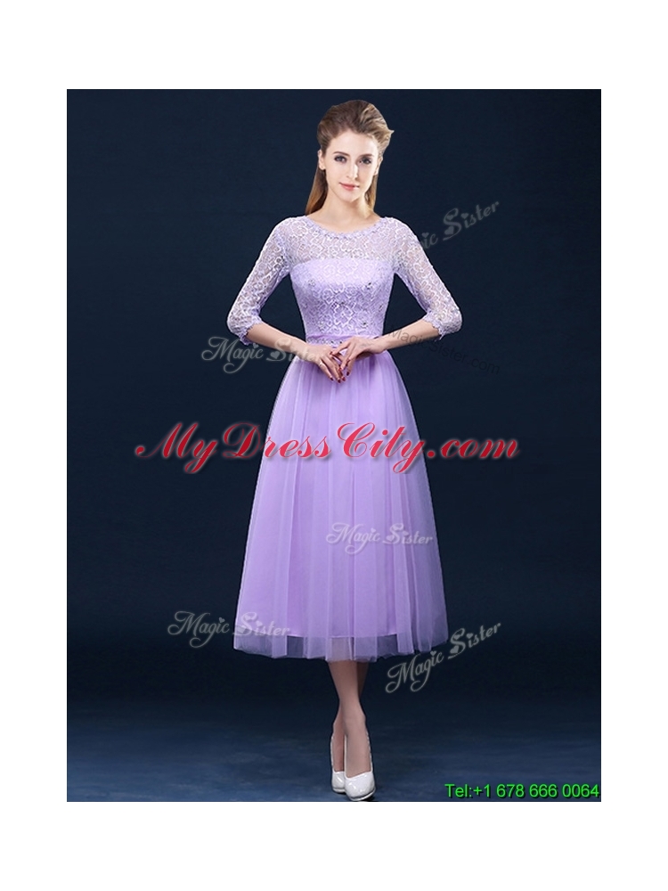 2016 Exclusive A Line Tulle Lavender Bridesmaid Dress in Tea Length