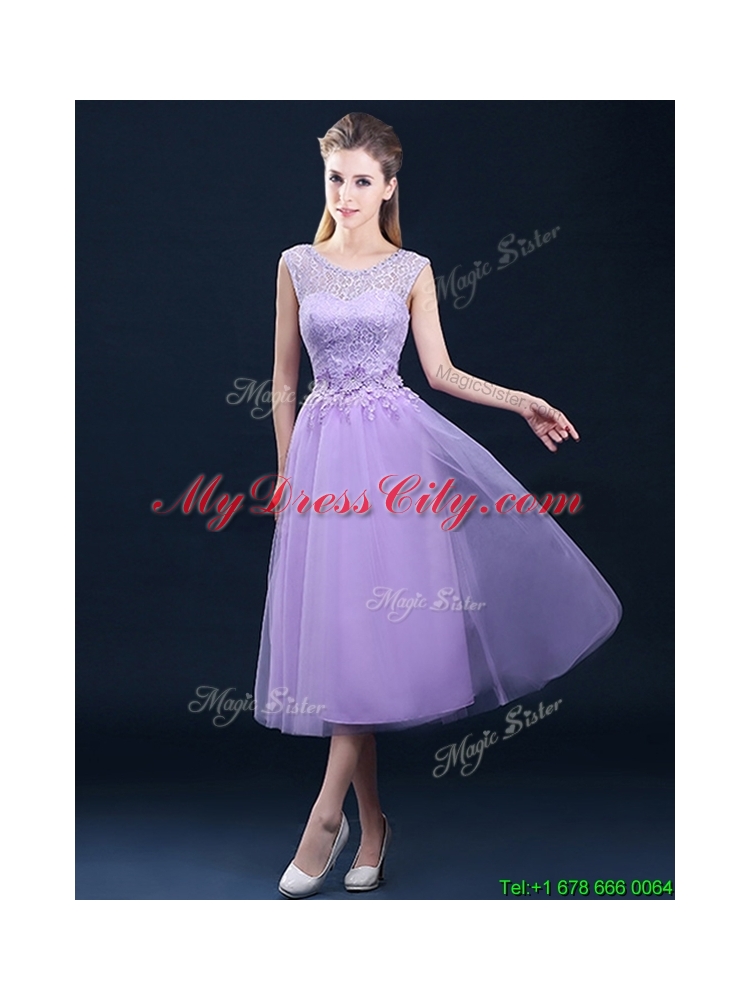 2016 Exclusive A Line Tulle Lavender Bridesmaid Dress in Tea Length