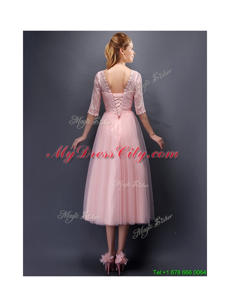 2016 See Through V Neck Half Sleeves Dama Dress with Lace and Belt