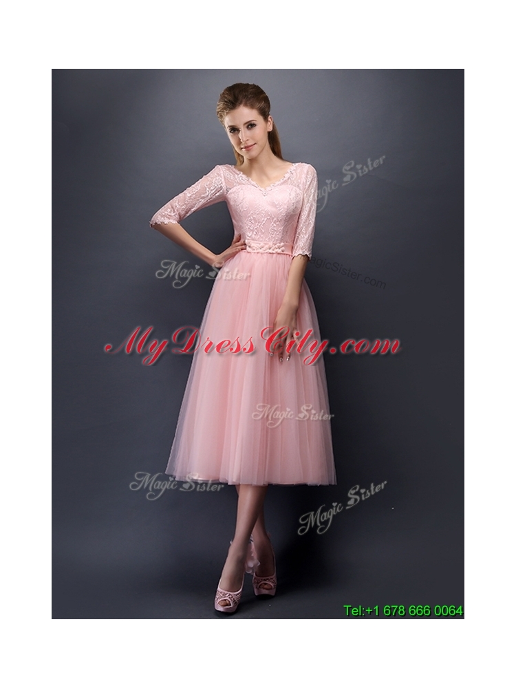 2016 See Through V Neck Half Sleeves Dama Dress with Lace and Belt