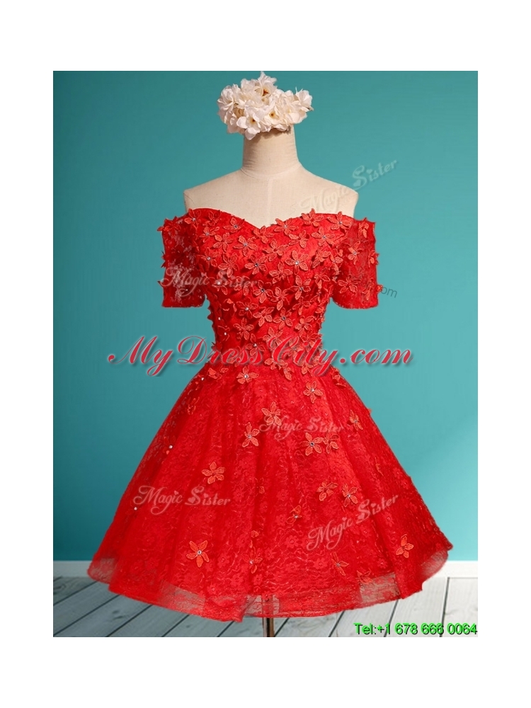 2016 Elegant Off the Shoulder Short Sleeves Prom Dress with Appliques and Beading