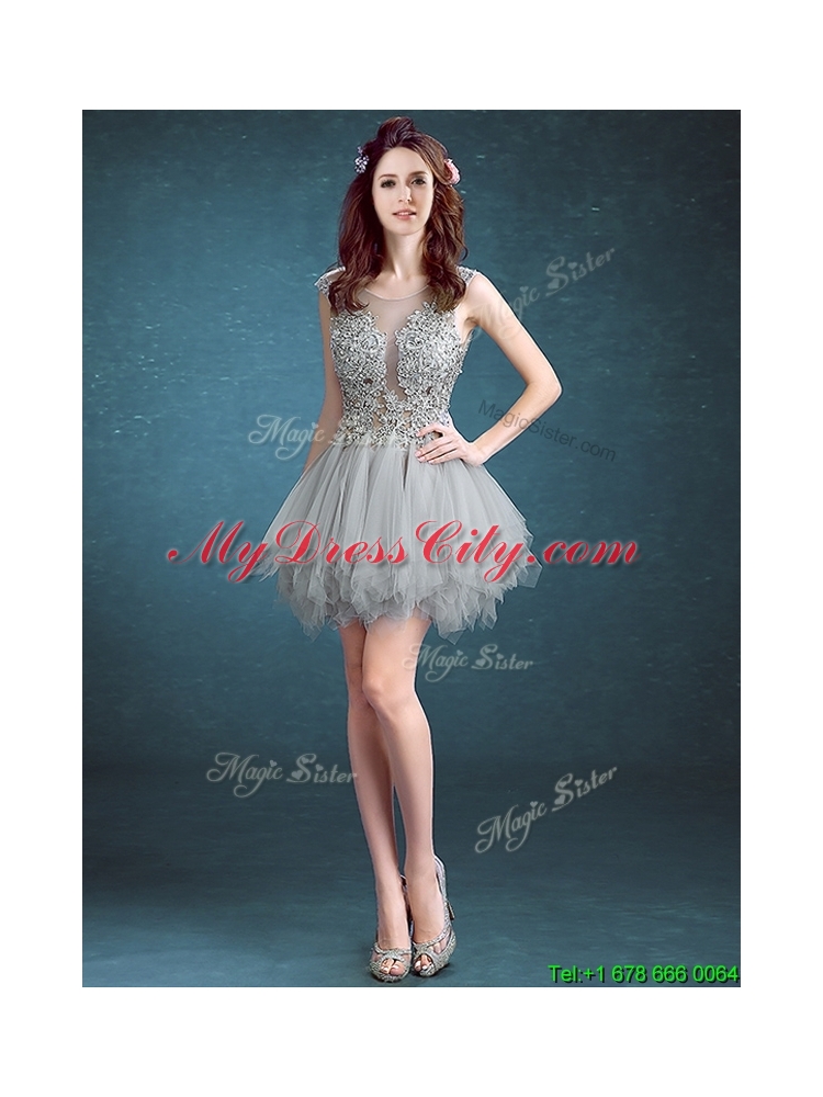 2016 Gorgeous Scoop Appliques and Ruffles Prom Dress in Grey