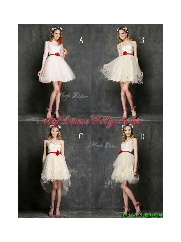 2016 Most Popular V Neck Short Prom Dress with Belt and Ruffled Layers