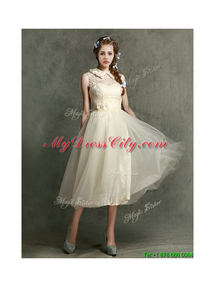 2016 New Arrivals Tea Length Tulle Prom Dress in Champagne