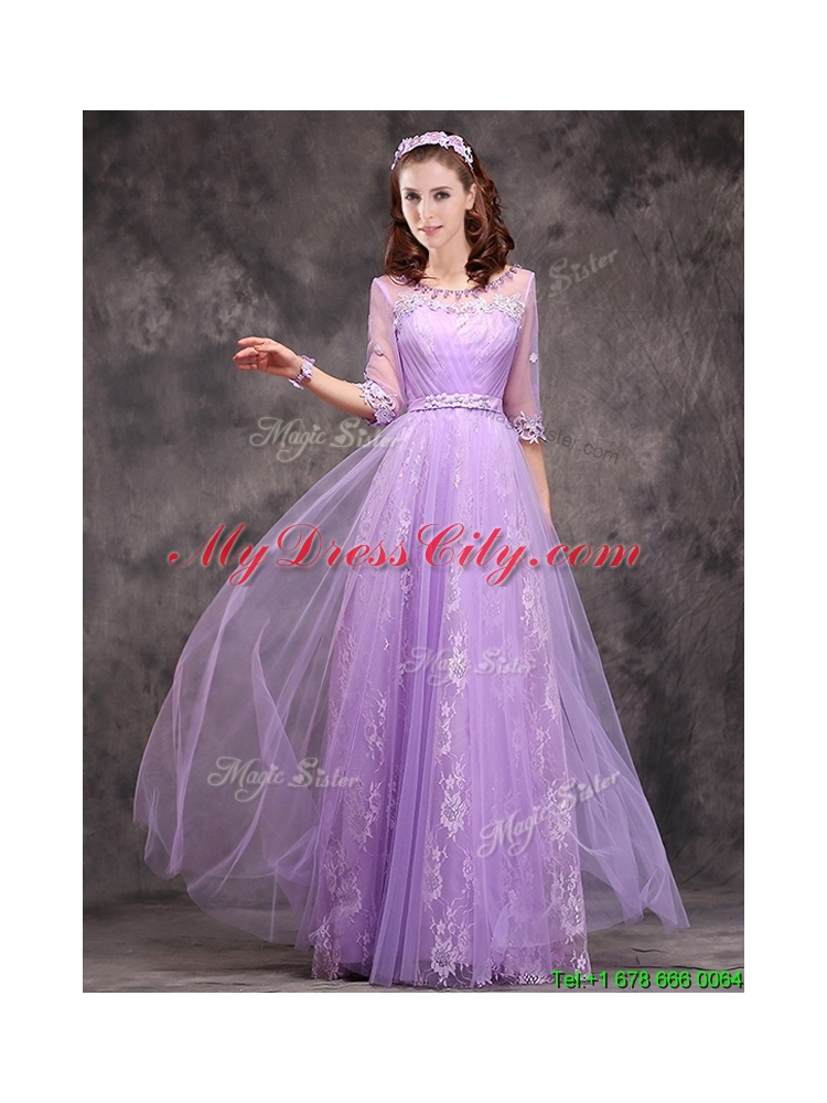 2016 Popular Half Sleeves Lavender Dama Dress with Appliques and Beading