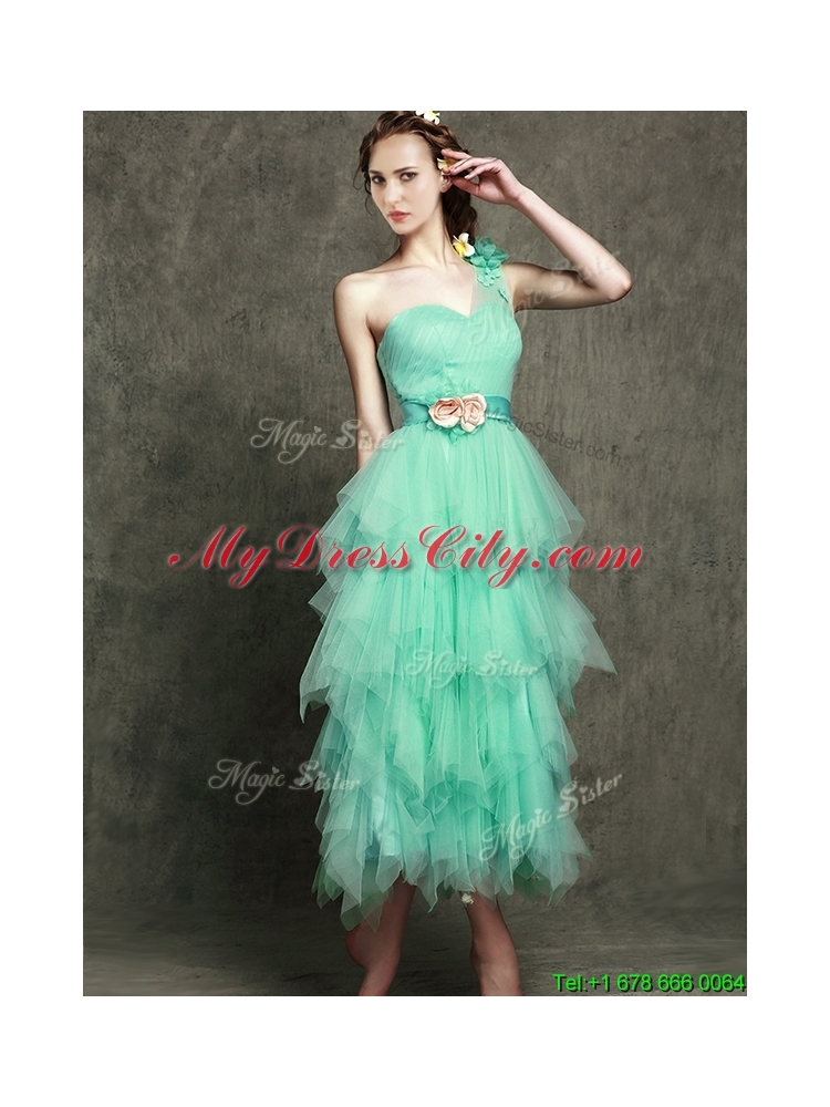 2016 Popular One Shoulder Prom Dress with Ruffled Layers and Hand Made Flowers