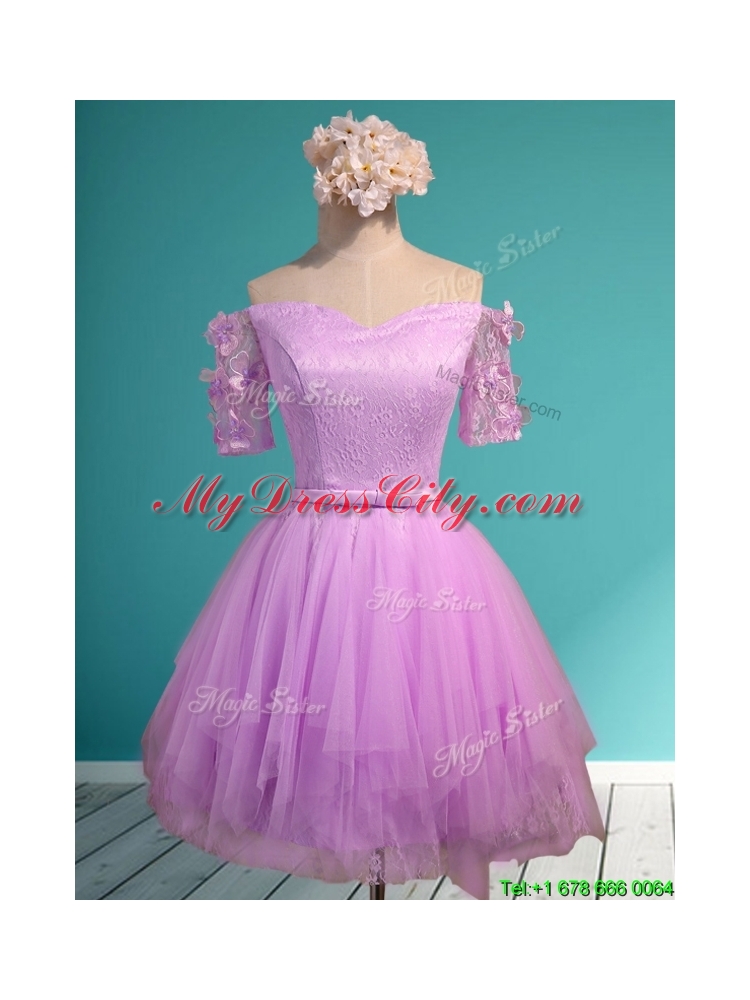 2016 Sweet Lilac Off the Shoulder Short Sleeves Prom Dress with Appliques and Belt